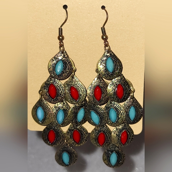 Source Unknown Jewelry - Boho Red / Blue Cabochon Dangle Silvertone Hook Earrings